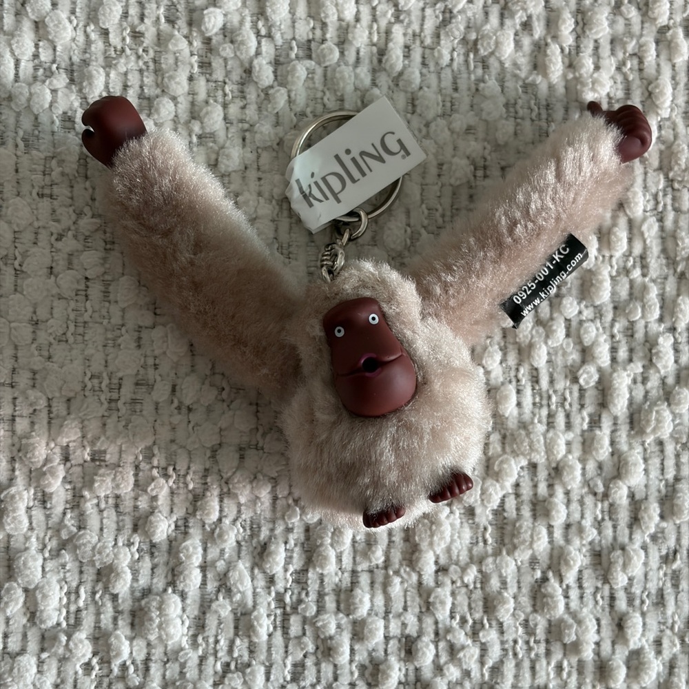Kipling Beige Plush Monkey Keyring with Brown Accents
